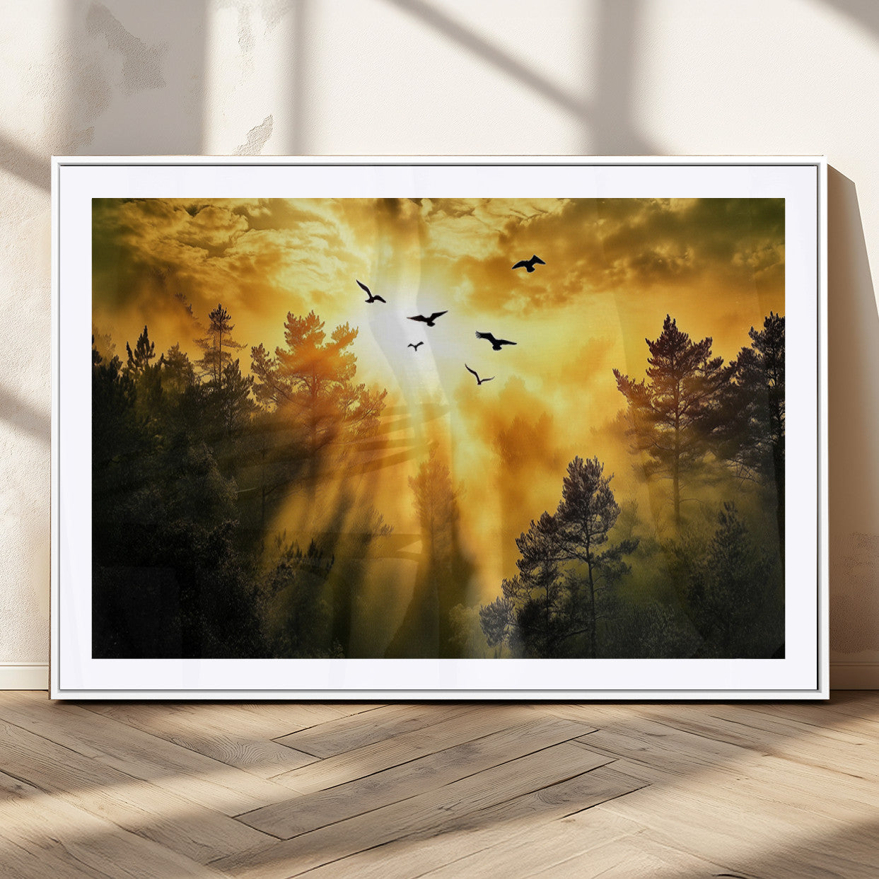 13776802-MGC-FP-36x24_White-Golden Forest Wall Art Canvas Print, Framed Sunset Pines Art Picture Print, Flying Birds Perfect Nature Glow Decor Artwork