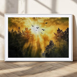 13776802-MGC-FP-36x24_White-Golden Forest Wall Art Canvas Print, Framed Sunset Pines Art Picture Print, Flying Birds Perfect Nature Glow Decor Artwork