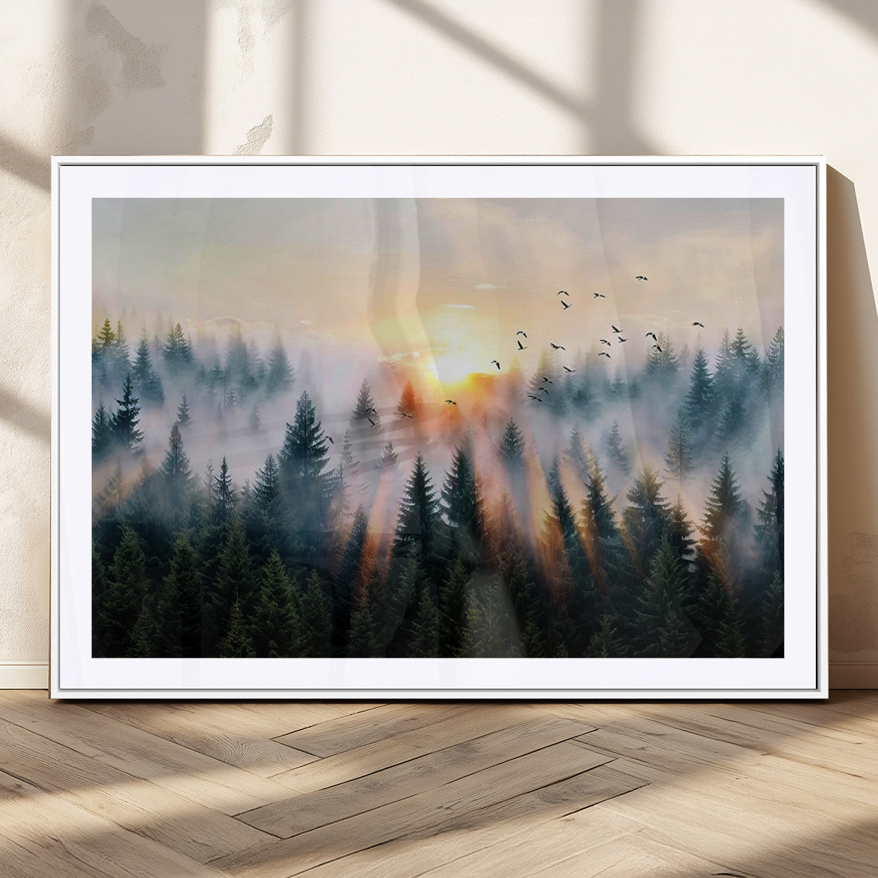56391411-MGC-FP-36x24_White-Misty Forest Wall Art Canvas Print, Framed Sunrise Pines Art Picture Print, Moody Pines Perfect Serene Woodland Decor Artwork