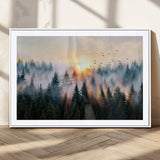 56391411-MGC-FP-36x24_White-Misty Forest Wall Art Canvas Print, Framed Sunrise Pines Art Picture Print, Moody Pines Perfect Serene Woodland Decor Artwork