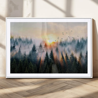 56391411-MGC-FP-36x24_White-Misty Forest Wall Art Canvas Print, Framed Sunrise Pines Art Picture Print, Moody Pines Perfect Serene Woodland Decor Artwork