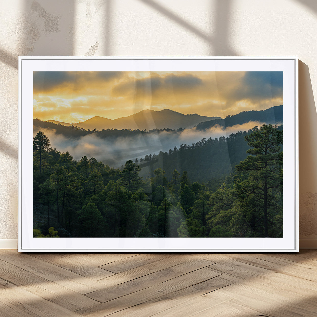 68082278-MGV-CV-36X24-Mountain Sunrise Wall Art Canvas Print, Framed Pine Forest Art Picture Print, Misty Mountains Perfect Earthy Woodland Decor