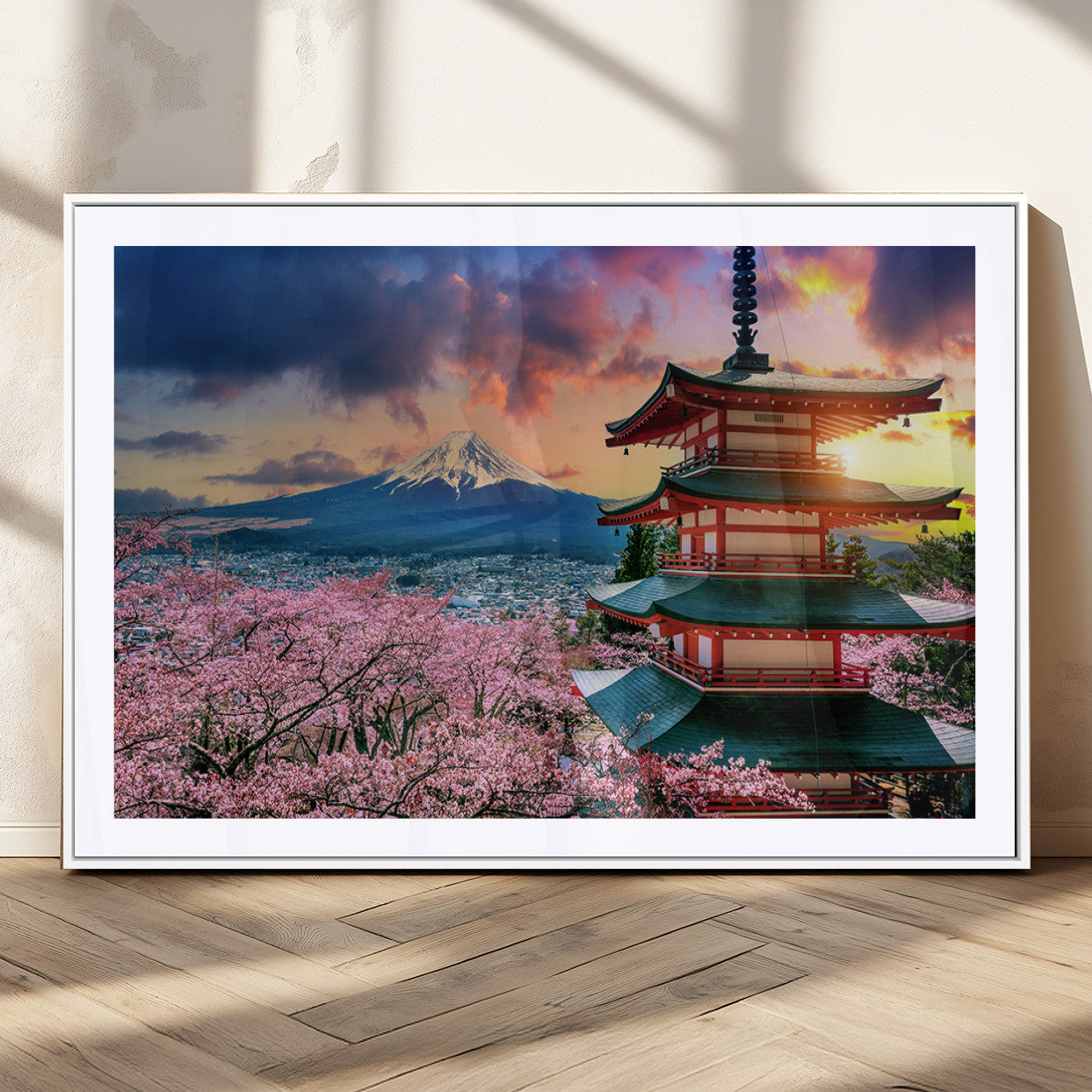 32331262-MGV-CV-36X24-Mount Fuji Japan Wall Art – Cherry Blossom Landscape Canvas Print, Chureito Pagoda Sunset Photography, Japanese Nature Travel