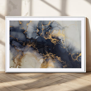 41136487-MGV-CV-36X24-Black Marble Wall Art Canvas Print, Framed Gold Veins Art Picture Print, Abstract Texture Perfect Moody Luxe Decor Artwork
