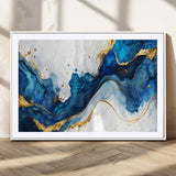 33506371-MGC-FP-36x24_White-Blue Marble Wall Art Canvas Print, Framed Gold Splash Art Picture Print, Abstract Wave Perfect Modern Luxe Decor Artwork