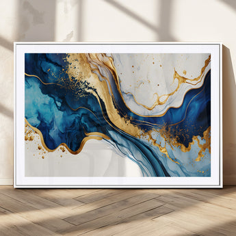 60283636-MGC-FP-36x24_White-Blue Gold Flow Wall Art Canvas Print, Framed Marble Texture Art Picture Print, Elegant Splash Perfect Elegant Abstract Decor