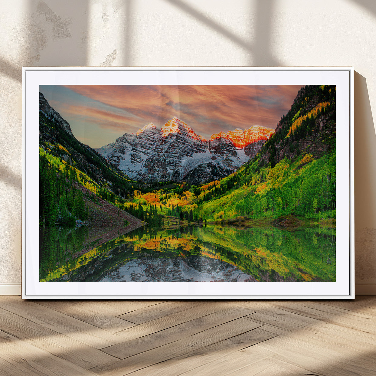 59533484-MGV-CV-36X24-Maroon Bells Autumn Wall Art – Panoramic Mountain Landscape Canvas Print, Sunset Reflection Nature Artwork for Living Room, Office