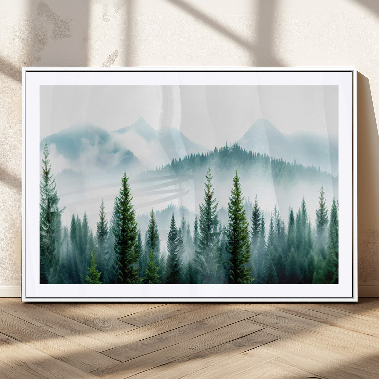 16716676-MGV-CV-36X24-Pine Forest Wall Art Canvas Print, Framed Misty Mountains Art Picture Print, Foggy Trees Perfect Moody Forest Decor Artwork