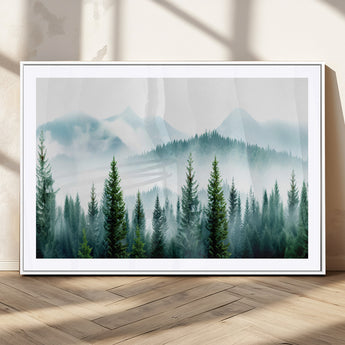 16716676-MGV-CV-36X24-Pine Forest Wall Art Canvas Print, Framed Misty Mountains Art Picture Print, Foggy Trees Perfect Moody Forest Decor Artwork