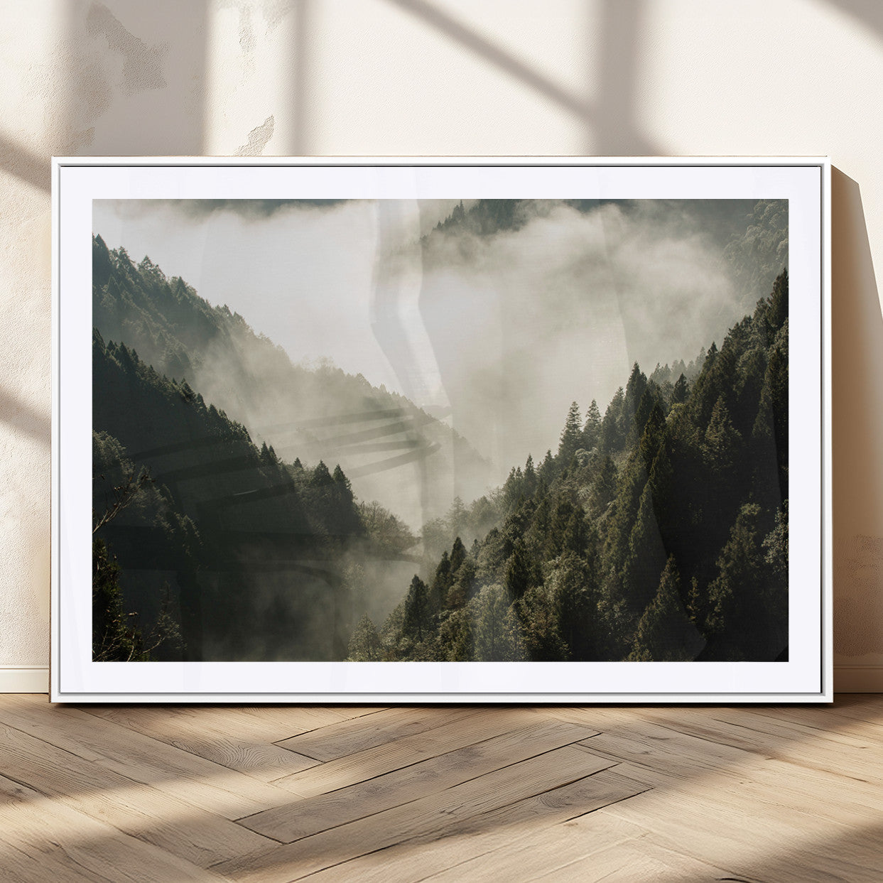 57570237-MGV-CV-36X24-Misty Valley Wall Art Canvas Print, Framed Foggy Forest Art Picture Print, Pine Trees Perfect Moody Woodland Decor Artwork