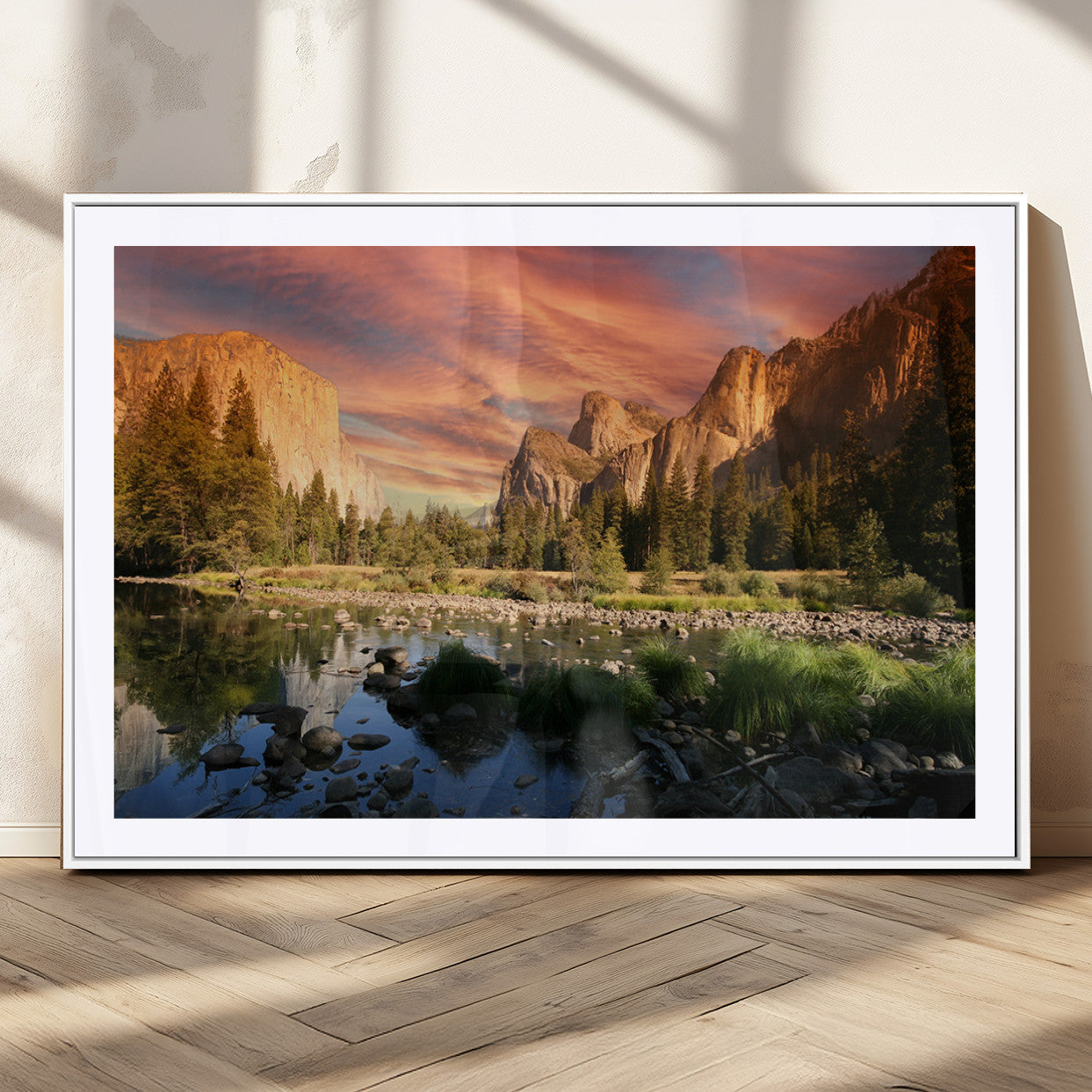 31199457-MGC-FP-36x24_White-Yosemite Valley Wall Art Canvas Print, Framed El Capitan Art Picture Print, Sunset Sky Perfect Vibrant Western Decor Artwork