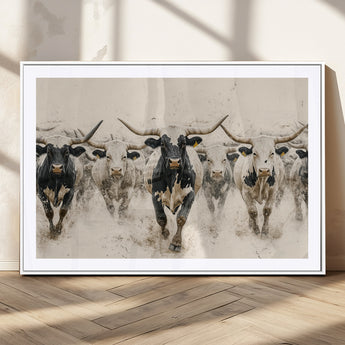 61538944-MGV-CV-36X24-Texas Longhorn Wall Art Canvas Print, Framed Cattles Walking Art Picture Print, Black White Bulls Perfect Rustic Western Decor