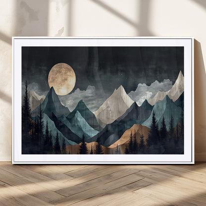 11060882-MGC-FP-36x24_White-Moonlit Mountains Wall Art Canvas Print, Framed Forest Silhouette Art Picture Print, Night Landscape Perfect Modern Forest Decor