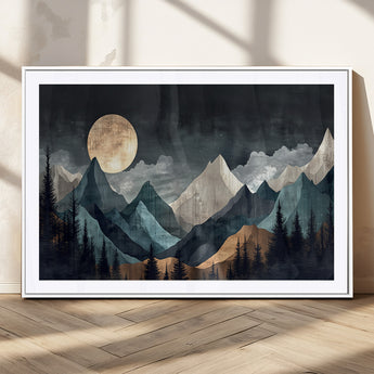 11060882-MGV-CV-36X24-Moonlit Mountains Wall Art Canvas Print, Framed Forest Silhouette Art Picture Print, Night Landscape Perfect Modern Forest Decor