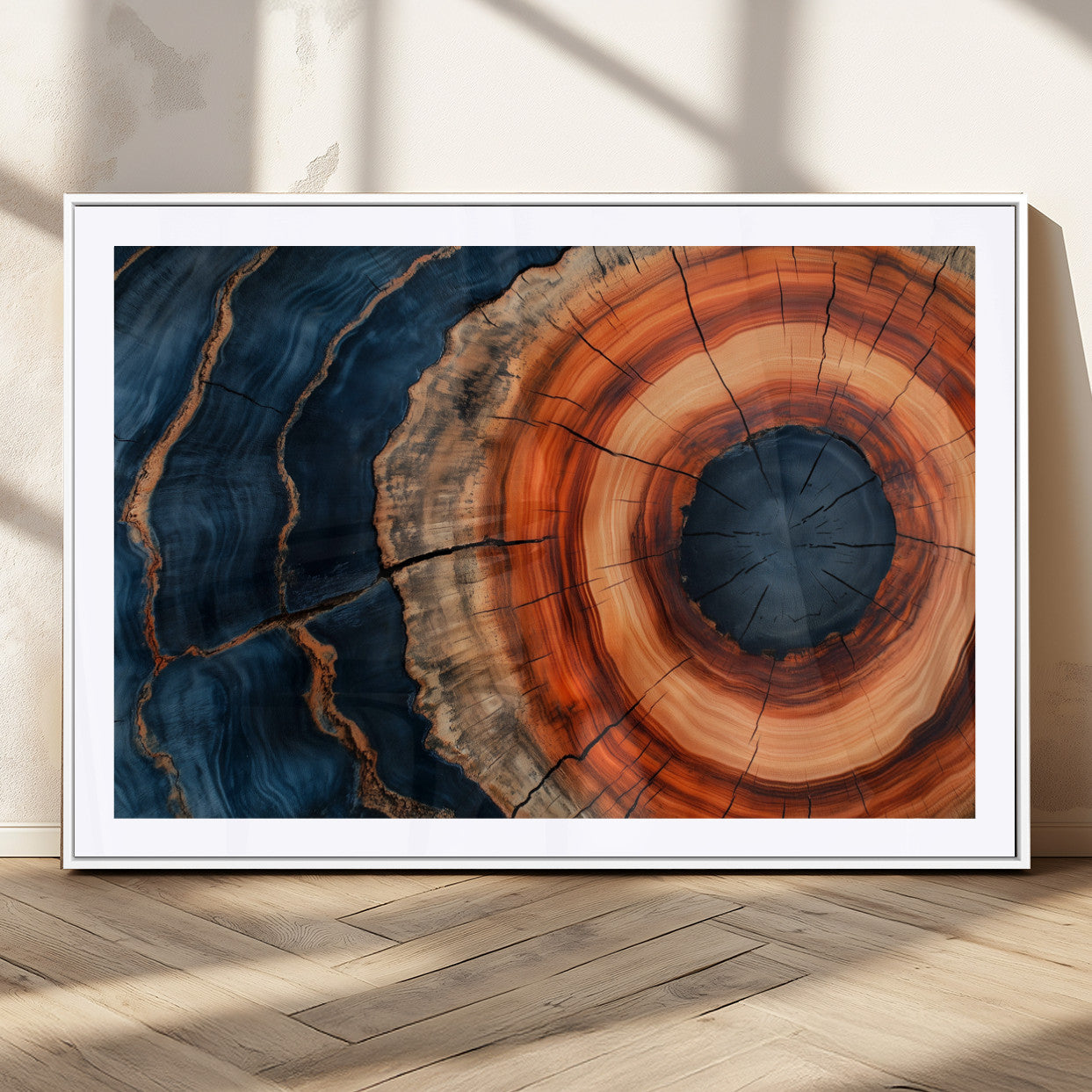 41123192-MGV-CV-36X24-Tree Ring Canvas Wall Art – Abstract Blue Orange Wood Grain Print, Rustic Modern Nature Artwork for Living Room, Bedroom, Office