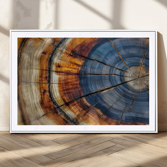 18032999-MGC-FP-36x24_White-Tree Ring Wall Art – Blue Brown Abstract Wood Slice Canvas Print, Rustic Modern Nature Decor for Living Room, Office, Bedroom or
