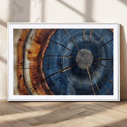 45268471-MGC-FP-36x24_White-Blue Tree Ring Wall Art – Rustic Wood Cross Section Canvas Print, Modern Abstract Nature Decor for Living Room, Office, or Cabin