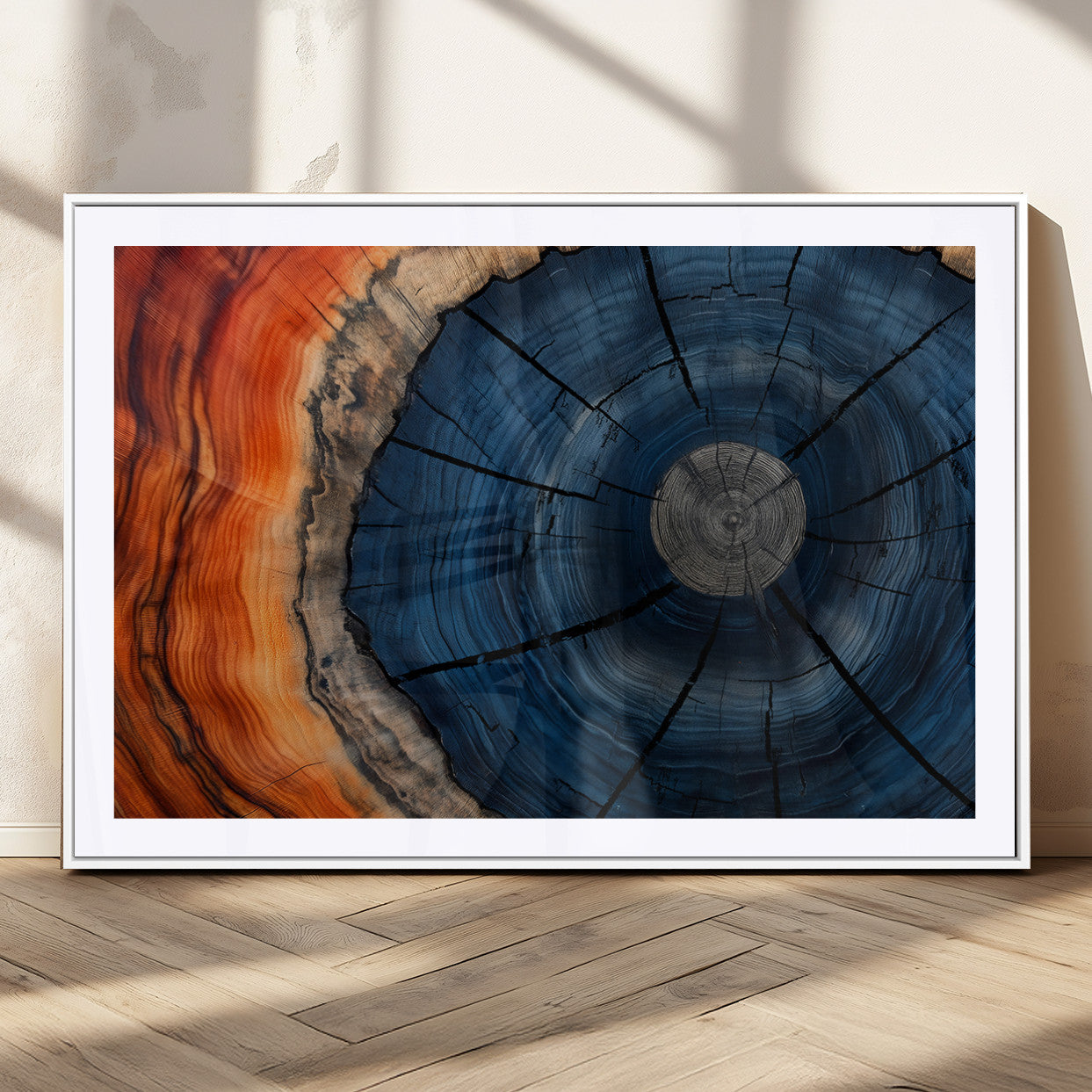 26110607-MGC-FP-36x24_White-Rustic Tree Ring Wall Art – Natural Wood Texture Canvas Print, Farmhouse Log Cabin Decor, Framed Abstract Tree Stump for Living