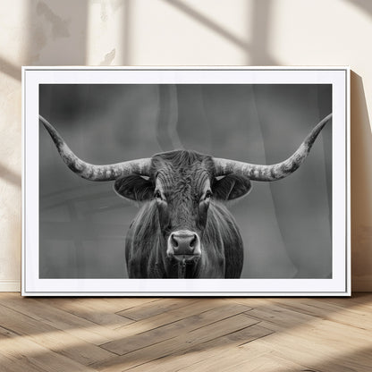 81228550-MGC-FP-36x24_White-Framed Texas Longhorn Bull Art Canvas Print, Western Bull Wall Art Print, Long Horn Bull Photo Print for Log Cabin, Large Bull