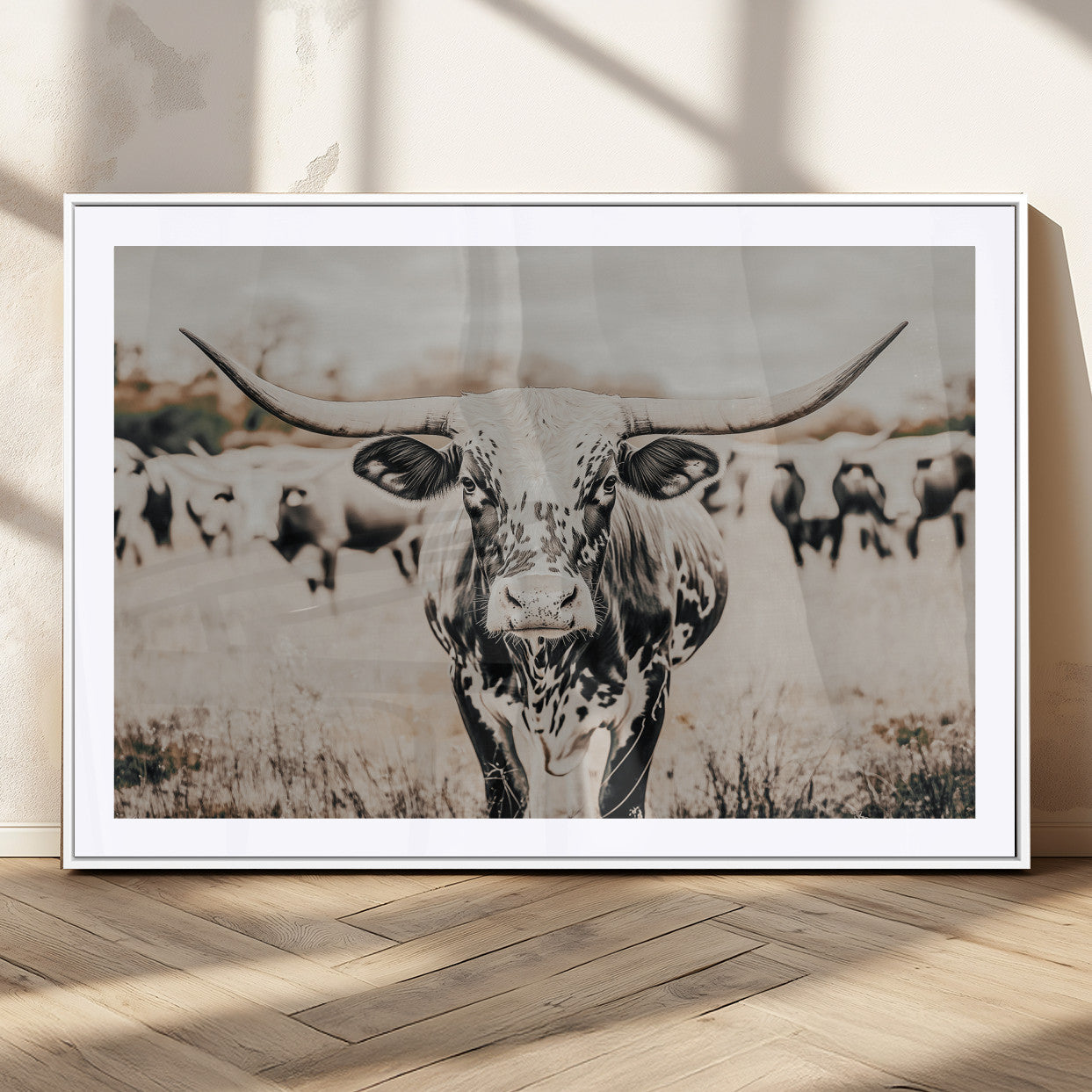 27497342-MGC-FP-36x24_White-Texas Longhorn Wall Art Canvas Print, Framed Speckled Cow Art Picture Print, Horned Cattle Perfect Rustic Western Decor Artwork
