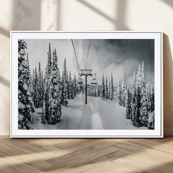 31156828-MGV-CV-36X24-Snowy Pines Wall Art Canvas Print, Framed Ski Lift Art Picture Print, Winter Forest Perfect Moody Lodge Decor Artwork