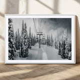 31156828-MGC-FP-36x24_White-Snowy Pines Wall Art Canvas Print, Framed Ski Lift Art Picture Print, Winter Forest Perfect Moody Lodge Decor Artwork