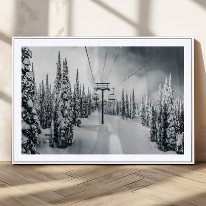 31156828-MGC-FP-36x24_White-Snowy Pines Wall Art Canvas Print, Framed Ski Lift Art Picture Print, Winter Forest Perfect Moody Lodge Decor Artwork