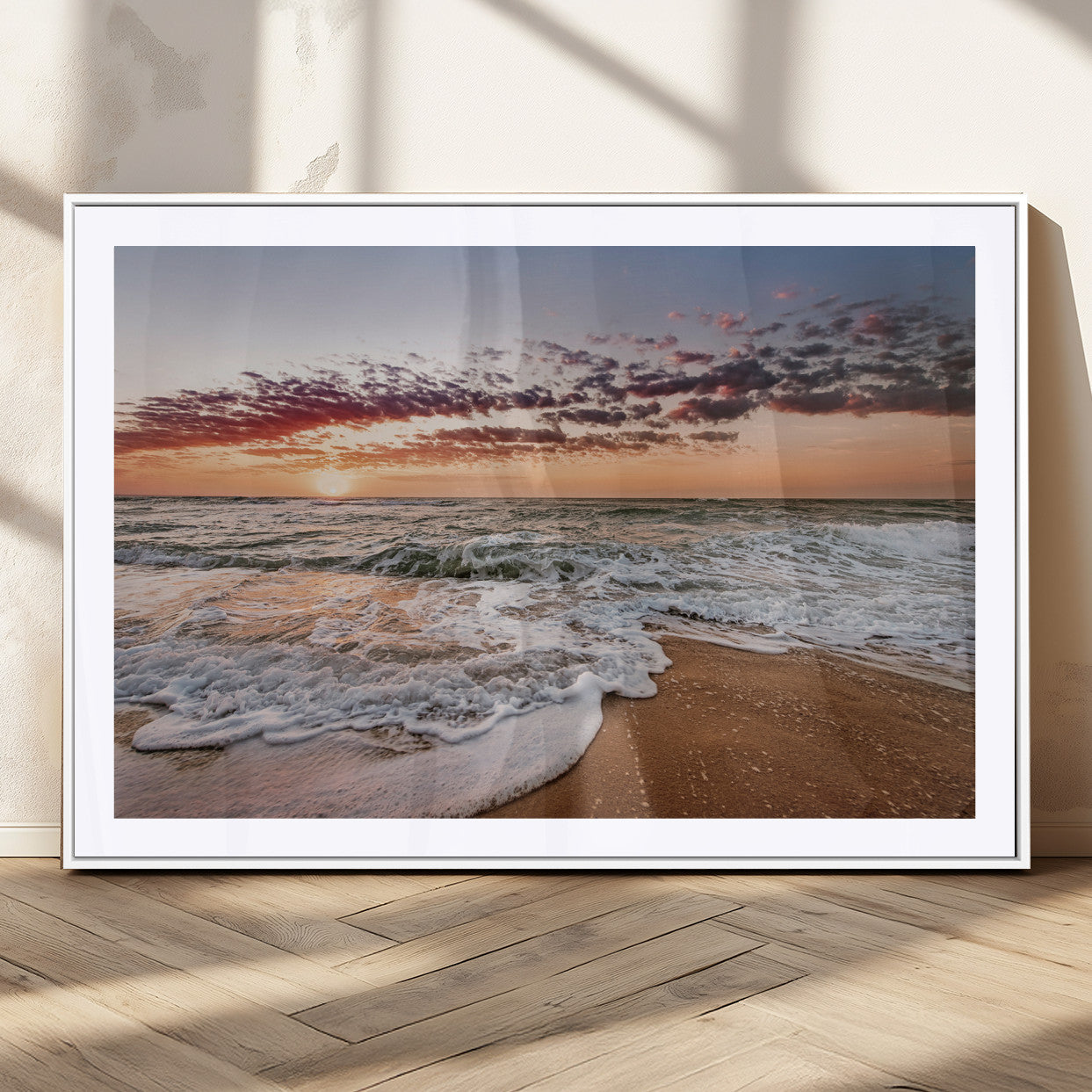 39846389-MGC-FP-36x24_White-Ocean Sunset Wall Art Canvas Print, Framed Sandy Shore Art Picture Print, Gentle Waves Perfect Minimalist Coastal Decor Artwork
