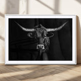 42077175-MGV-CV-36X24-Texas Longhorn Wall Art Canvas Print, Framed Monochrome Bull Art Picture Print, Horned Bull Perfect Rustic Western Decor Artwork