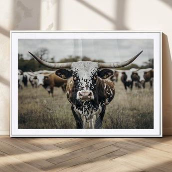 79025945-MGC-FP-36x24_White-Texas Longhorn Wall Art Canvas Print, Framed Speckled Cow Art Picture Print, Horned Cattle Perfect Rustic Western Decor Artwork