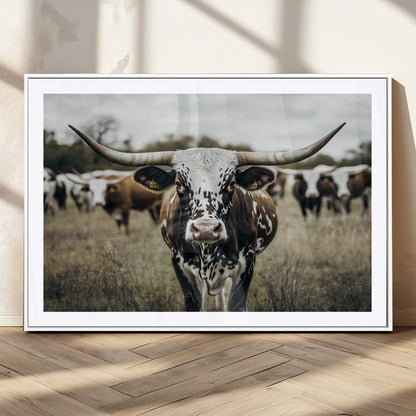 79025945-MGC-FP-36x24_White-Texas Longhorn Wall Art Canvas Print, Framed Speckled Cow Art Picture Print, Horned Cattle Perfect Rustic Western Decor Artwork