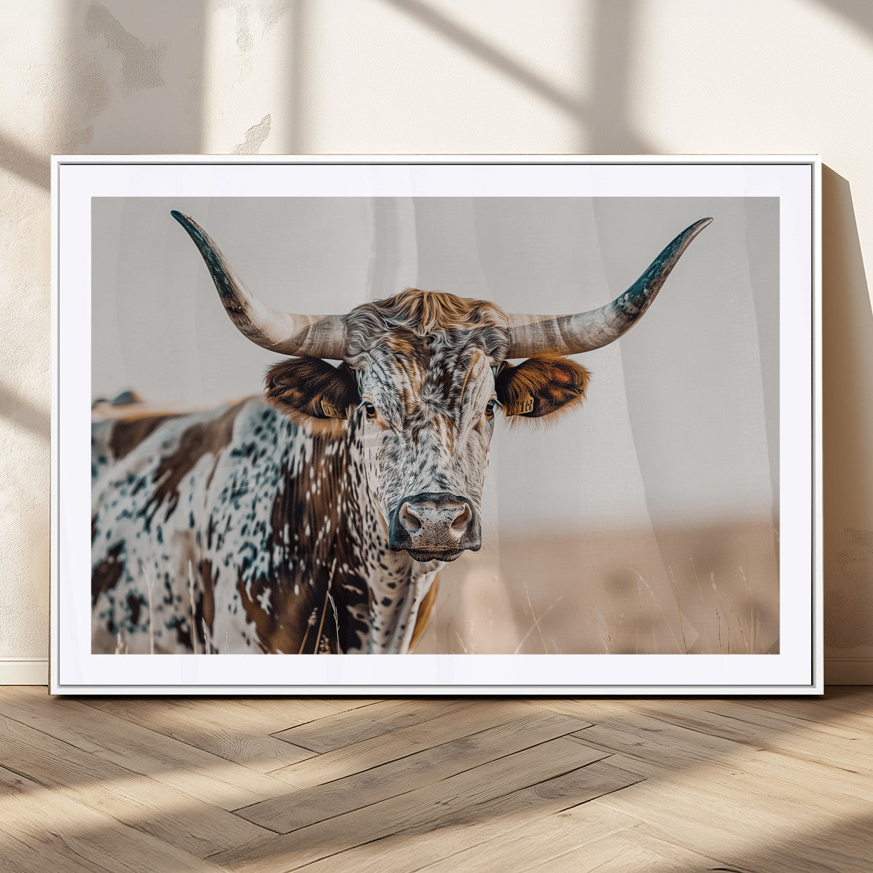 70414966-MGV-CV-36X24-Texas Longhorn Wall Art Canvas Print, Framed Speckled Cow Art Picture Print, Horned Bull Perfect Rustic Western Decor Artwork