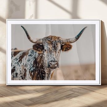 70414966-MGV-CV-36X24-Texas Longhorn Wall Art Canvas Print, Framed Speckled Cow Art Picture Print, Horned Bull Perfect Rustic Western Decor Artwork