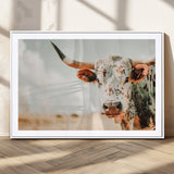 72766375-MGV-CV-36X24-Texas Longhorn Wall Art Canvas Print, Framed Spotted Cow Art Picture Print, Horned Cattle Perfect Rustic Western Decor Artwork
