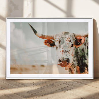 72766375-MGV-CV-36X24-Texas Longhorn Wall Art Canvas Print, Framed Spotted Cow Art Picture Print, Horned Cattle Perfect Rustic Western Decor Artwork