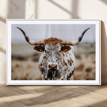 76294381-MGC-FP-36x24_White-Texas Longhorn Wall Art Canvas Print, Framed Spotted Cow Art Picture Print, Horned Cattle Perfect Rustic Western Decor Artwork