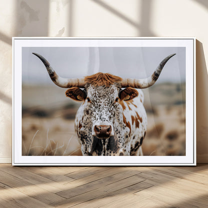 76294381-MGC-FP-36x24_White-Texas Longhorn Wall Art Canvas Print, Framed Spotted Cow Art Picture Print, Horned Cattle Perfect Rustic Western Decor Artwork