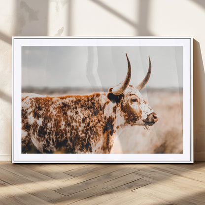 11528295-MGV-CV-36X24-Speckled Longhorn Wall Art Canvas Print, Framed Texas Cattle Art Picture Print, Horned Cow Perfect Rustic Western Decor Artwork