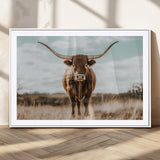 39350715-MGC-FP-36x24_White-Texas Longhorn Wall Art Canvas Print, Framed Longhorn Cow Art Picture Print, Western Cattle Perfect Rustic Western Decor Artwork