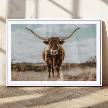 39350715-MGC-FP-36x24_White-Texas Longhorn Wall Art Canvas Print, Framed Longhorn Cow Art Picture Print, Western Cattle Perfect Rustic Western Decor Artwork
