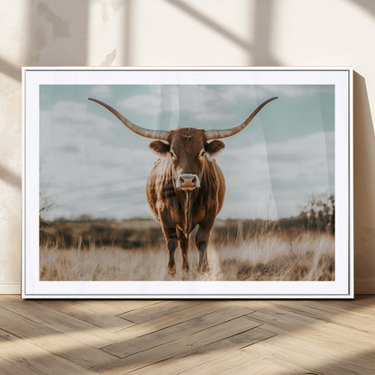 39350715-MGC-FP-36x24_White-Texas Longhorn Wall Art Canvas Print, Framed Longhorn Cow Art Picture Print, Western Cattle Perfect Rustic Western Decor Artwork