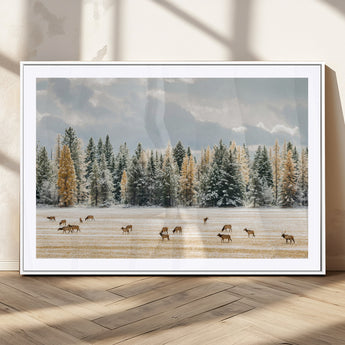 64188182-MGC-FP-36x24_White-Elk Herd Wall Art Canvas Print, Framed Snowy Forest Art Picture Print, Forest Elks Perfect Neutral Rustic Decor Artwork