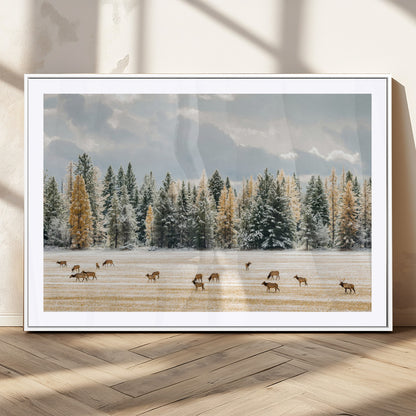 64188182-MGC-FP-36x24_White-Elk Herd Wall Art Canvas Print, Framed Snowy Forest Art Picture Print, Forest Elks Perfect Neutral Rustic Decor Artwork