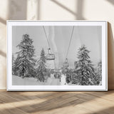 55003599-MGV-CV-36X24-Snowy Ski Lift Wall Art Canvas Print, Framed Winter Forest Art Picture Print, Ski lift Ride Perfect Winter Lodge Decor Artwork
