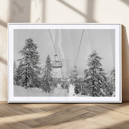 55003599-MGV-CV-36X24-Snowy Ski Lift Wall Art Canvas Print, Framed Winter Forest Art Picture Print, Ski lift Ride Perfect Winter Lodge Decor Artwork