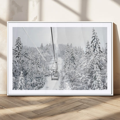 60296839-MGV-CV-36X24-Snowy Mountains Wall Art Canvas Print, Framed Ski Lift Art Picture Print, Winter Forest Perfect Winter Minimalist Decor Artwork