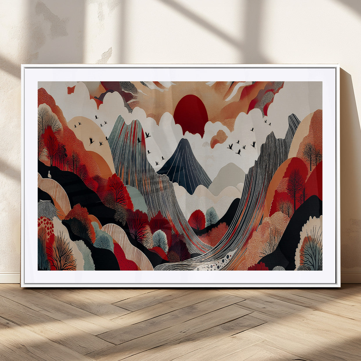 59495752-MGC-FP-36x24_White-Abstract Mountain Wall Art Canvas Print, Framed Vibrant Landscape Art Picture Print, Nature Drawing Perfect Contemporary