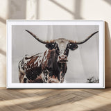 95249234-MGC-FP-36x24_White-Texas Longhorn Wall Art Canvas Print, Framed Spotted Bull Art Picture Print, Horned Cattle Perfect Rustic Farmhouse Decor Artwork