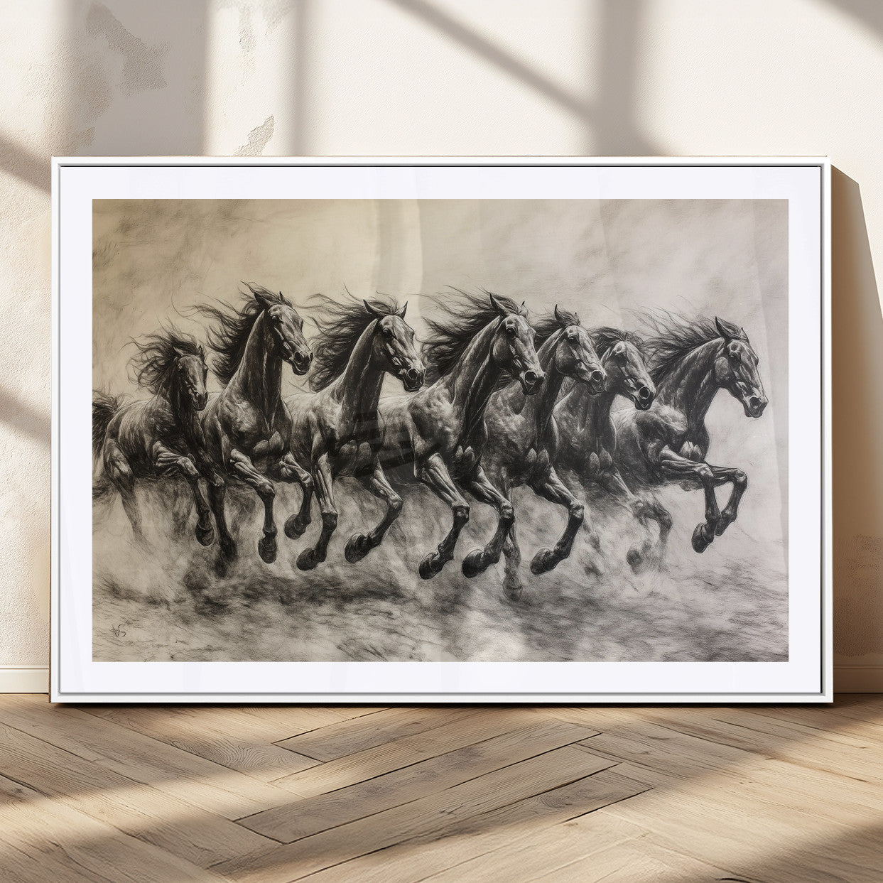56089591-MGV-CV-36X24-Galloping Horses Wall Art Canvas Print, Framed Wild Stallions Art Picture Print, Horse Herd Sketch Perfect Monochrome Dynamic