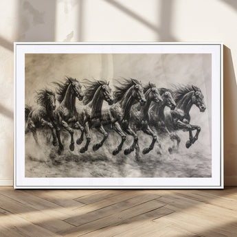 56089591-MGV-CV-36X24-Galloping Horses Wall Art Canvas Print, Framed Wild Stallions Art Picture Print, Horse Herd Sketch Perfect Monochrome Dynamic